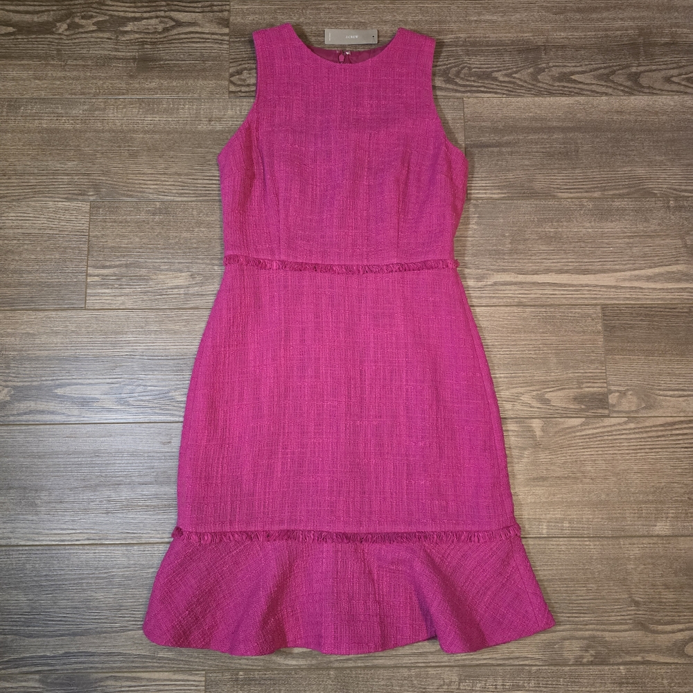 J.CREW Dress Womens 4 Pink Cotton Tweed Ruffle Textured Preppy Academia Cocktail